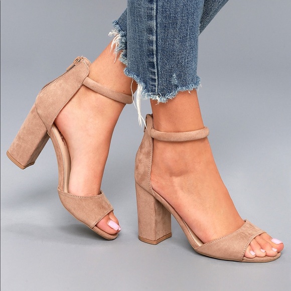 beige ankle strap block heels